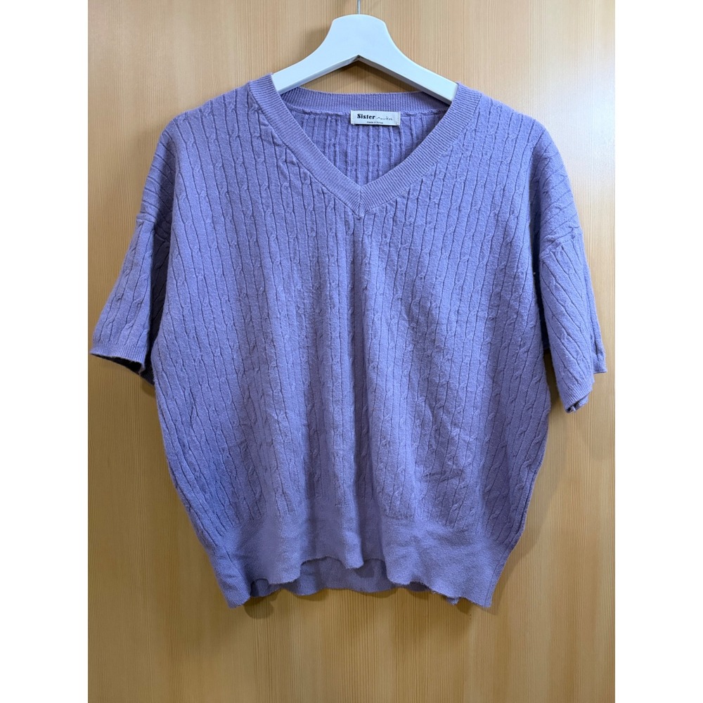 Sister Market Lavender Cable Knit V-Neck Short Sleeve Sweater Purple Korea